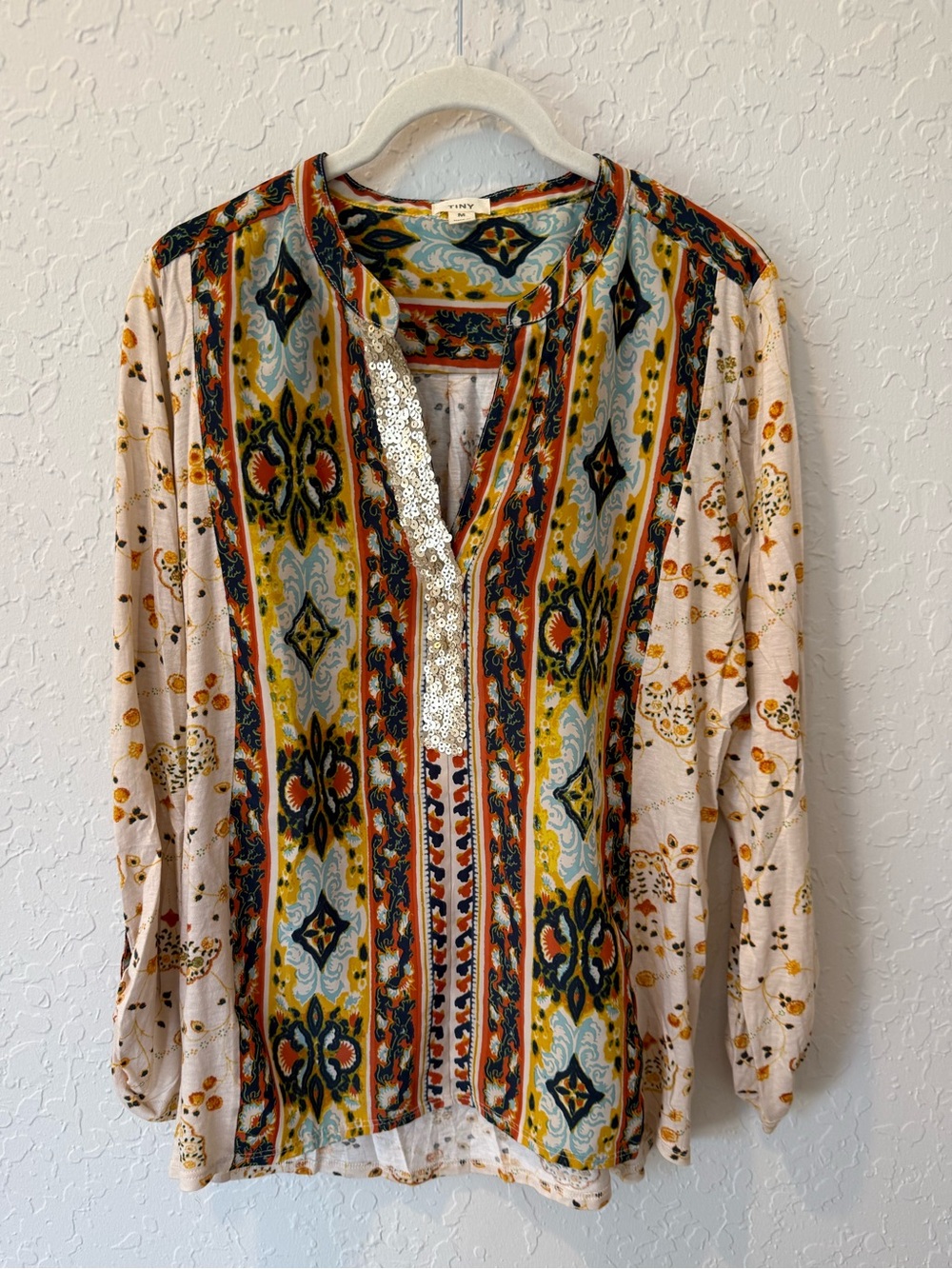 TINY Boho Floral Embroidered V-Neck Tunic Top - Beige Multi - Size M